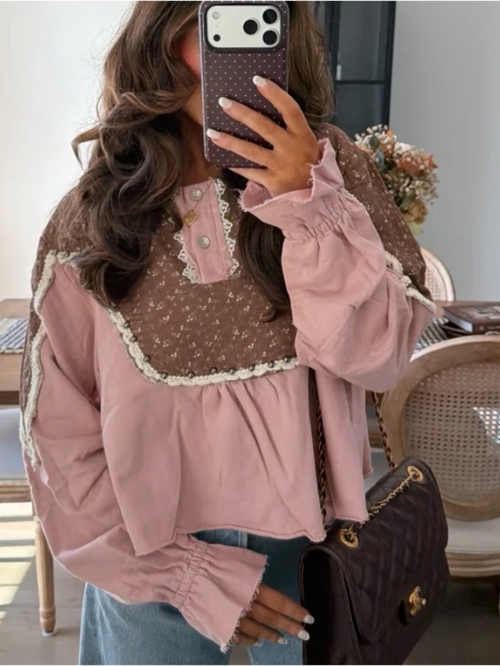 POL Floral Patchwork Floral Studded Long Sleeve Peasant Blouse